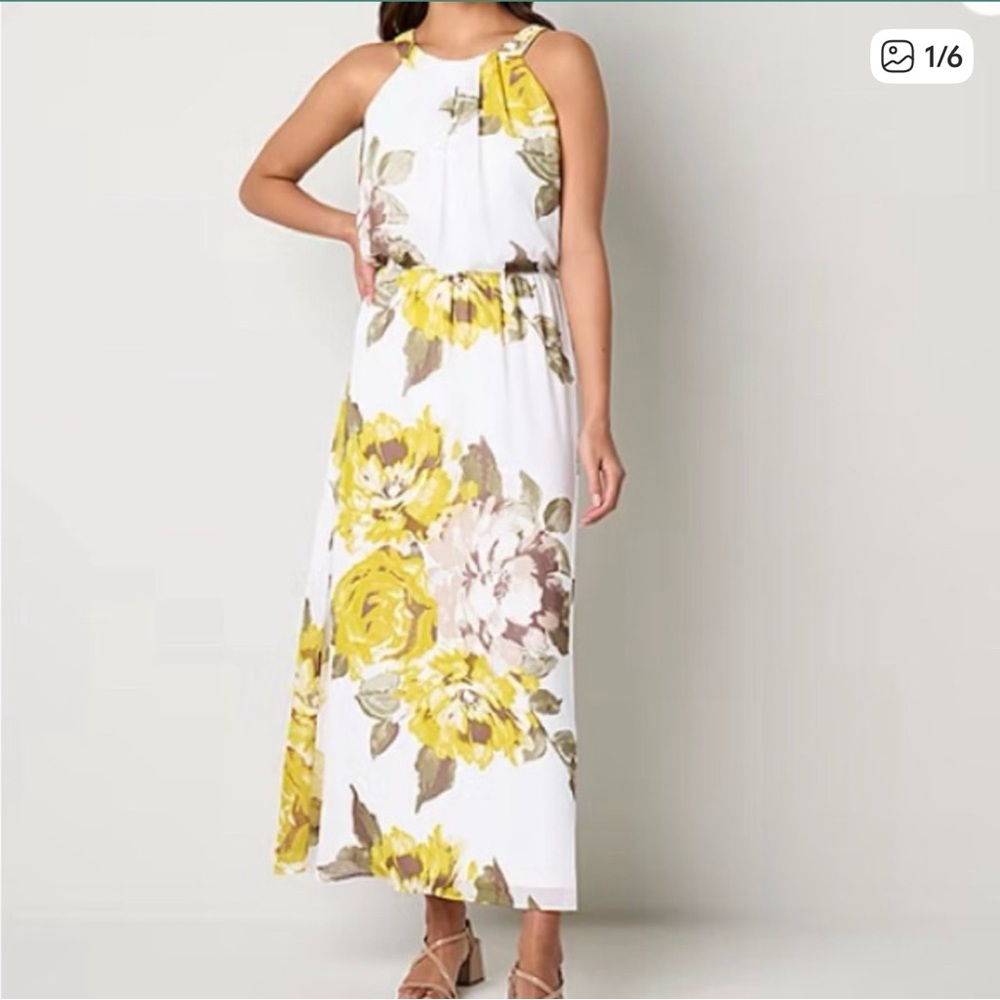Robbie Bee White Maxi Dress with Yellow Floral Accents Size 8